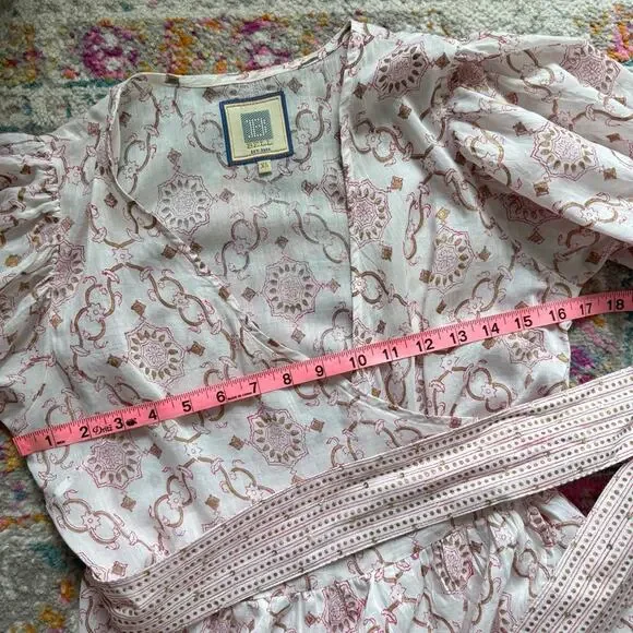 Bell by Alicia Bell Lucy Pink Gold Motif White Puff Sleeves Wrap Mini Dress XS - Picture 12 of 16